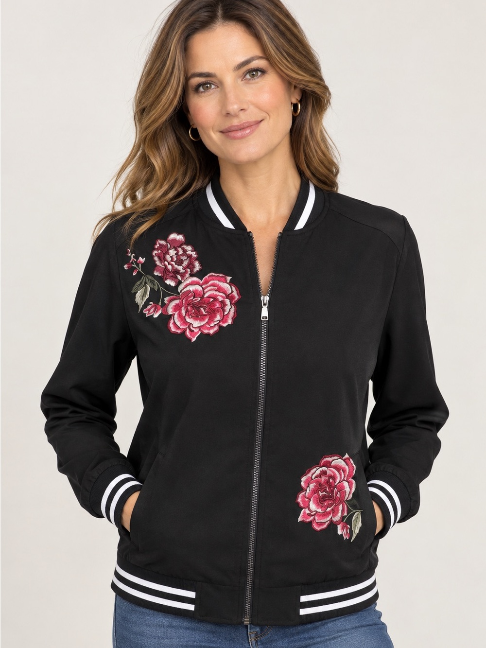 Susan Graver zip front bomber jacket with embroidered roses. Size XXS